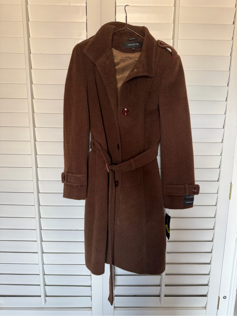 Jones New York Brown Wool-Blend Pea Coat with Belt